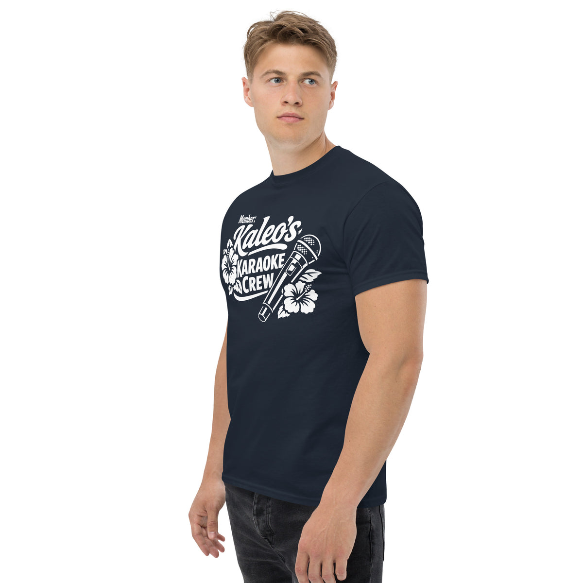 Navy classic T-shirt, left-front angled view, featuring Kaleo's Karaoke Crew lettering, microphone, and hibiscus flowers.