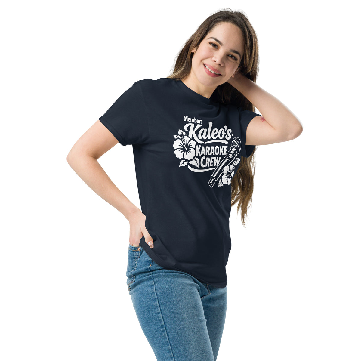Navy classic T-shirt, left-front angled view, featuring Kaleo's Karaoke Crew lettering, microphone, and hibiscus flowers.
