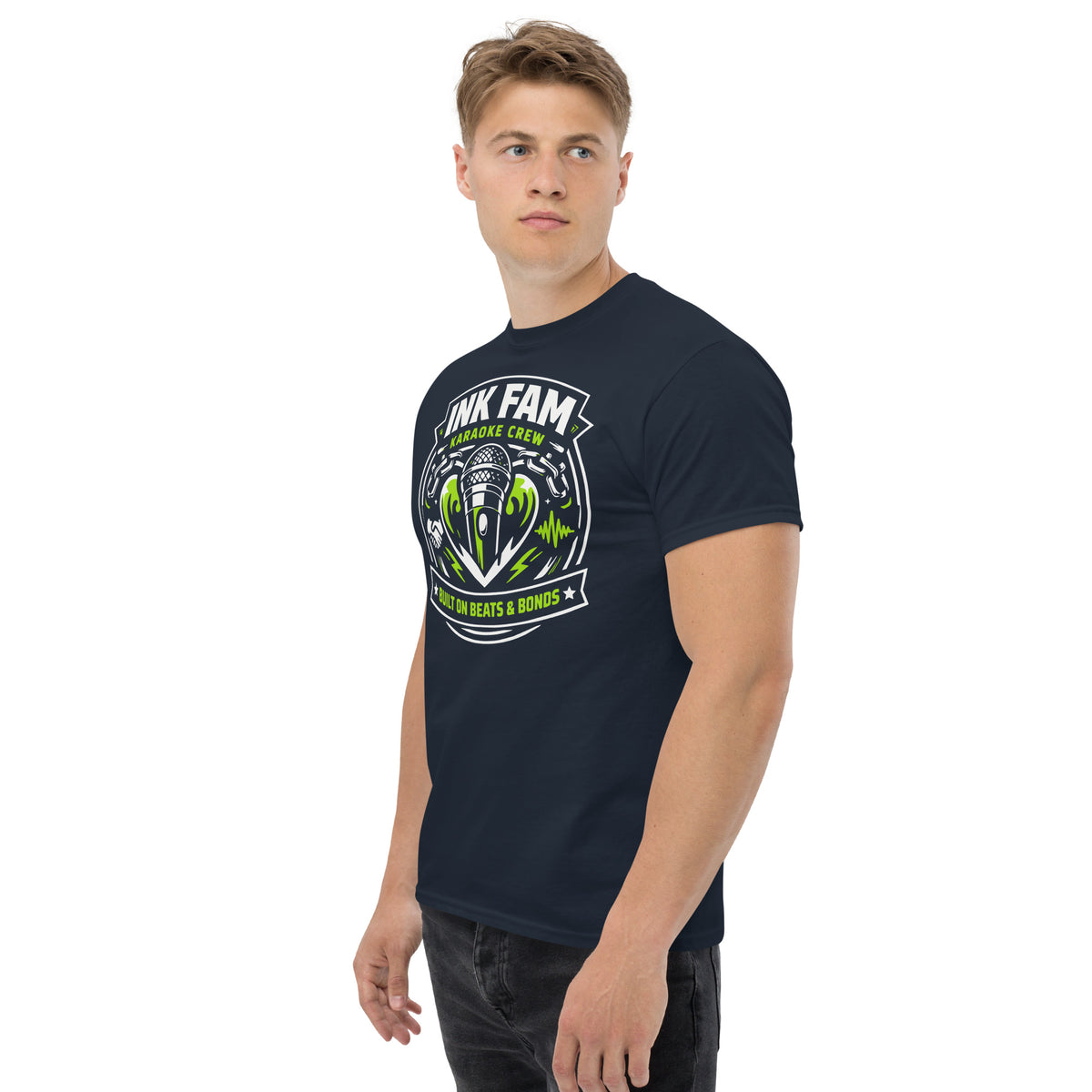 Navy classic T-shirt, left-front angled view, featuring DJ Ink Beats & Bonds shield with a microphone and green-and-white lettering.