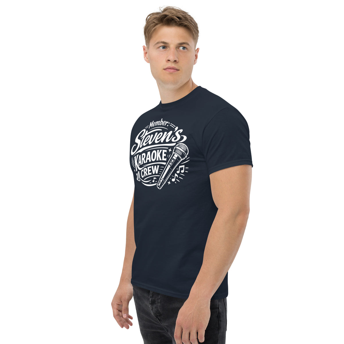 Navy classic T-shirt, left-front angled view, featuring Steven's Karaoke Crew lettering and microphone graphic.