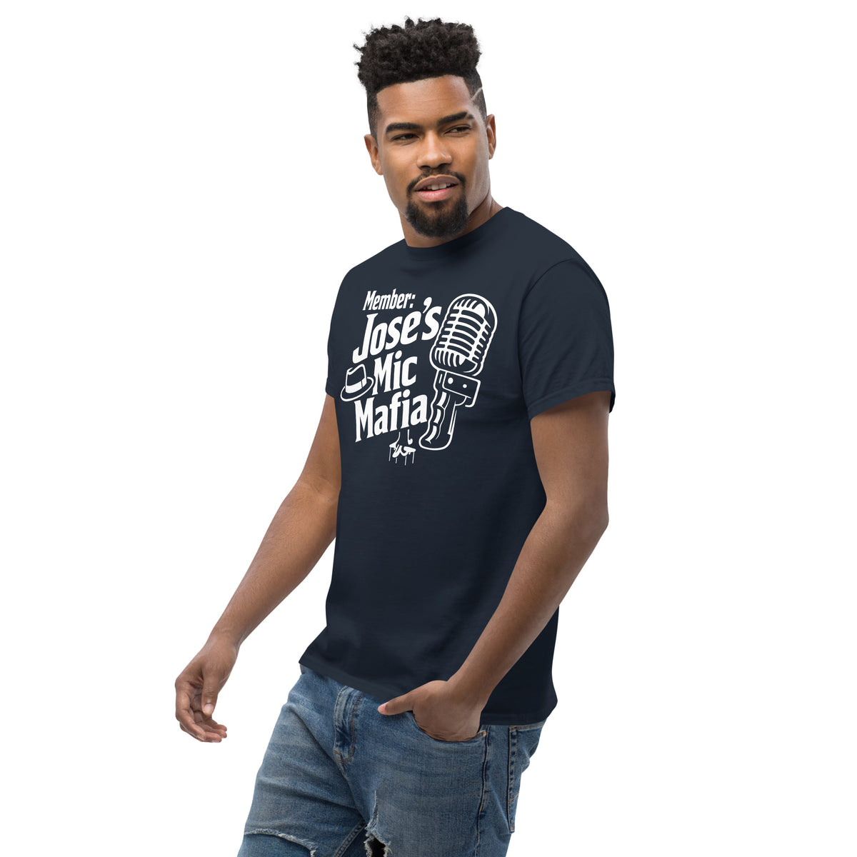 Navy classic T-shirt, left-front angled view, featuring Jose's Mic Mafia microphone and fedora design.
