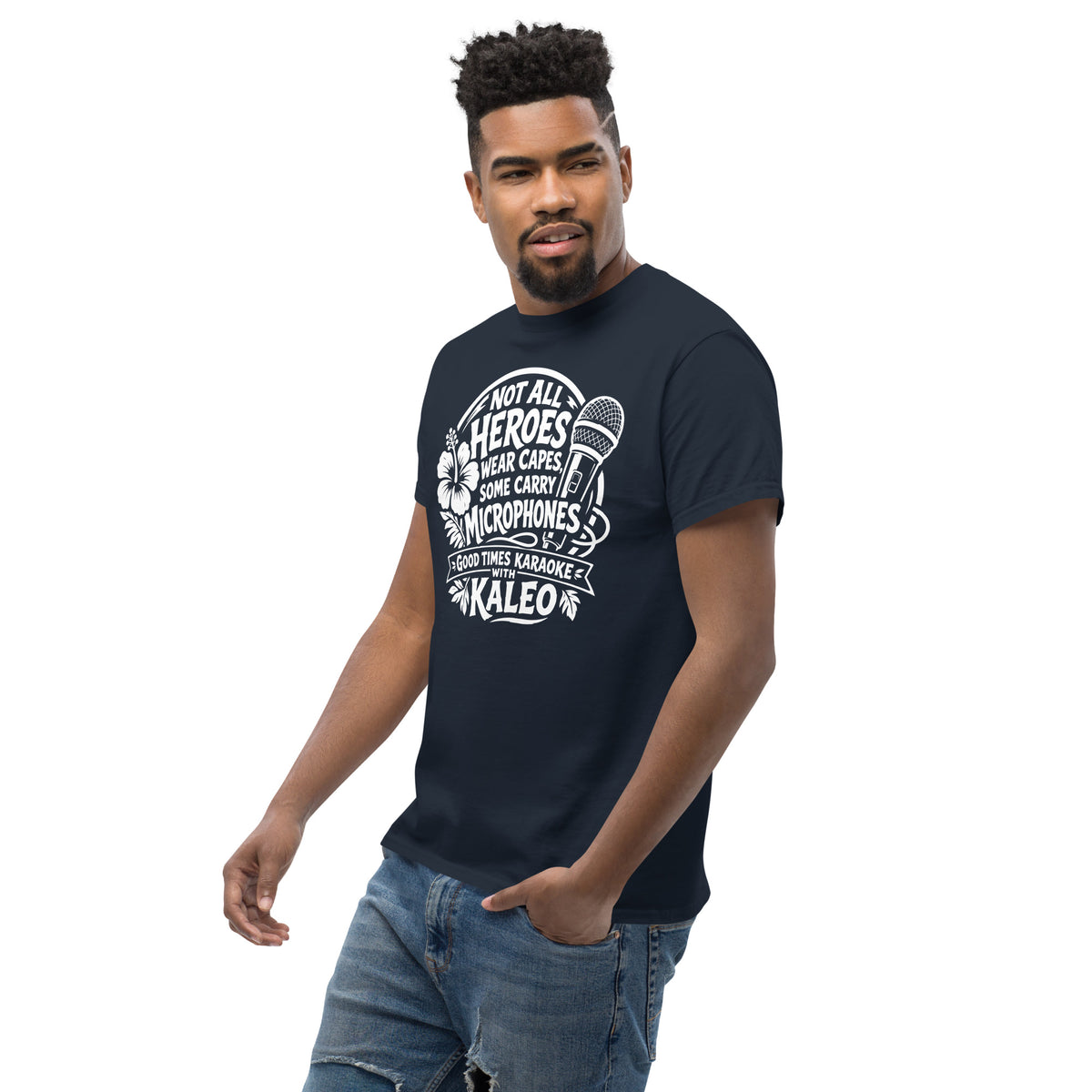Navy classic T-shirt, left-front angled view, featuring Kaleo's Karaoke Heroes 'Not All Heroes Wear Capes, Some Carry Microphones' graphic.