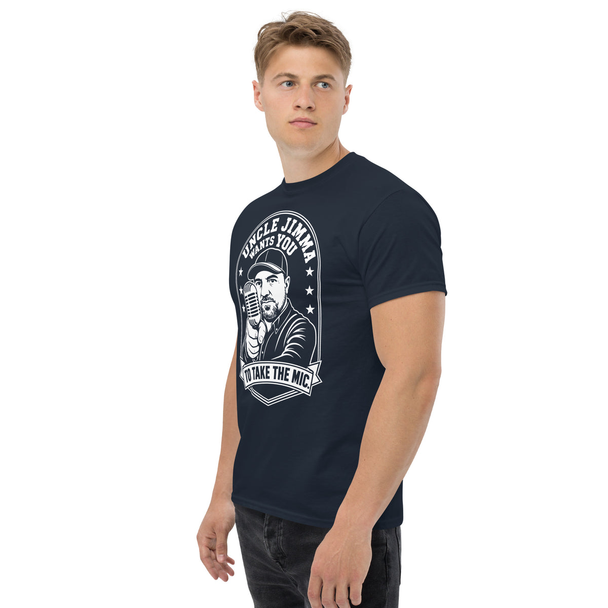 Navy classic T-shirt, left-front angled view, featuring Uncle Jimma Wants You to Take the Mic pointing portrait and microphone.