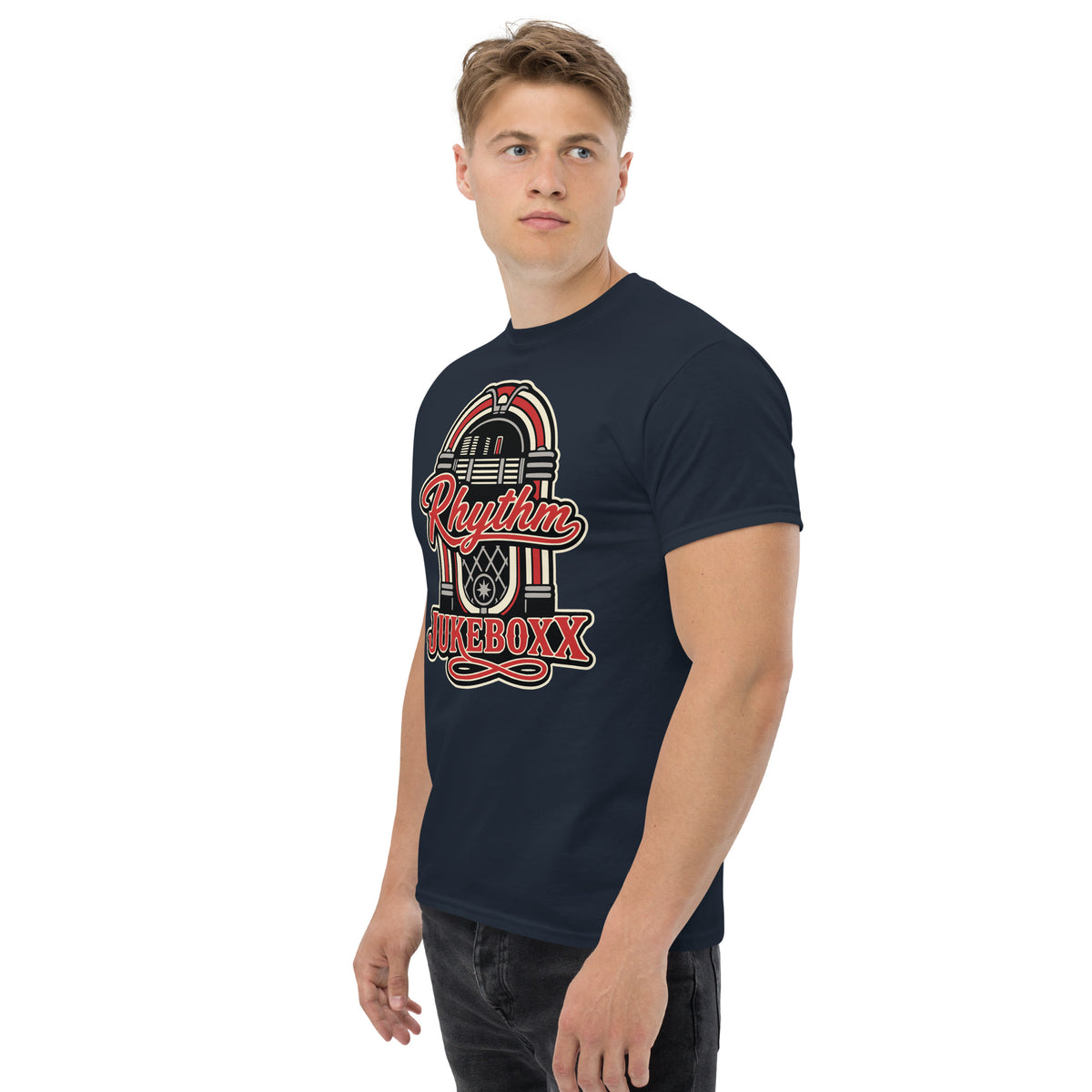 Navy classic T-shirt, left-front angled view, featuring Rhythm Jukeboxx red-and-cream retro jukebox graphic.