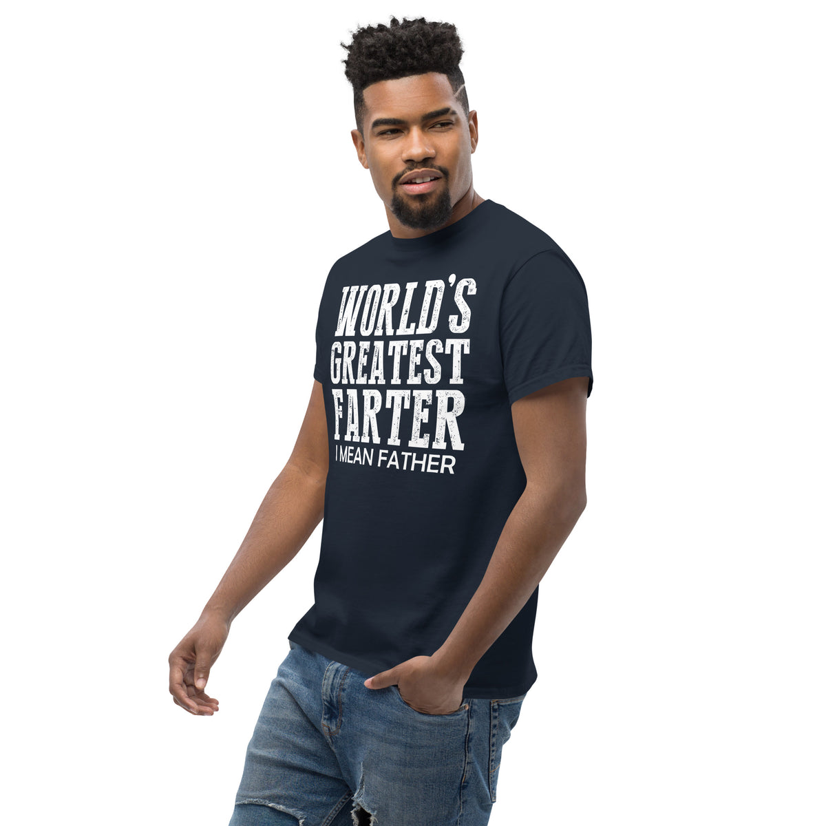 Navy classic T-shirt, left-front angled view, featuring white World's Greatest Farter, I Mean Father lettering.
