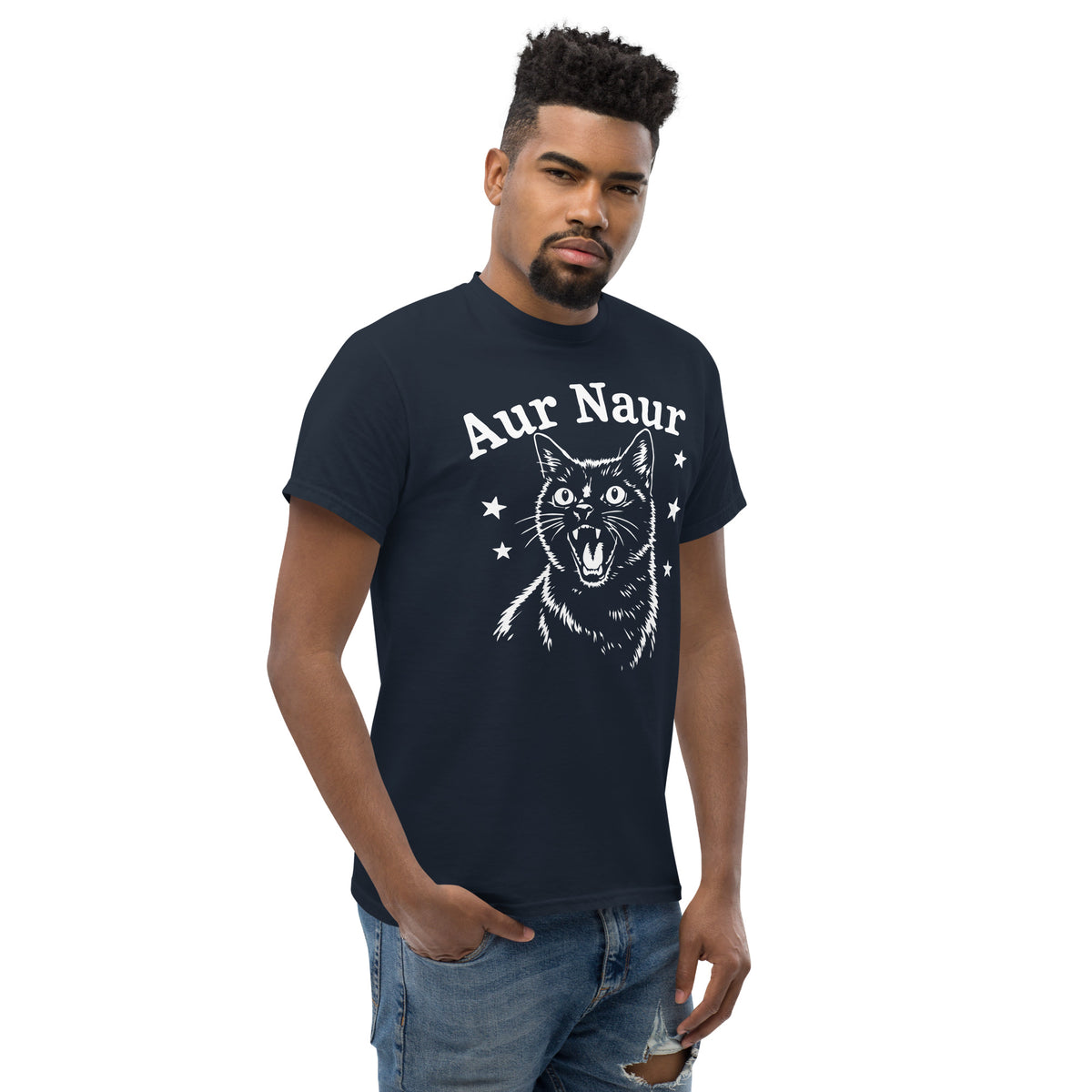 Navy classic T-shirt, right-front angled view, featuring Aur Naur white cat portrait and music-themed lettering.
