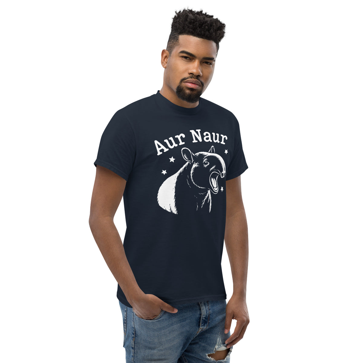 Navy classic T-shirt, right-front angled view, featuring Aur Naur white tapir portrait, stars and lettering.