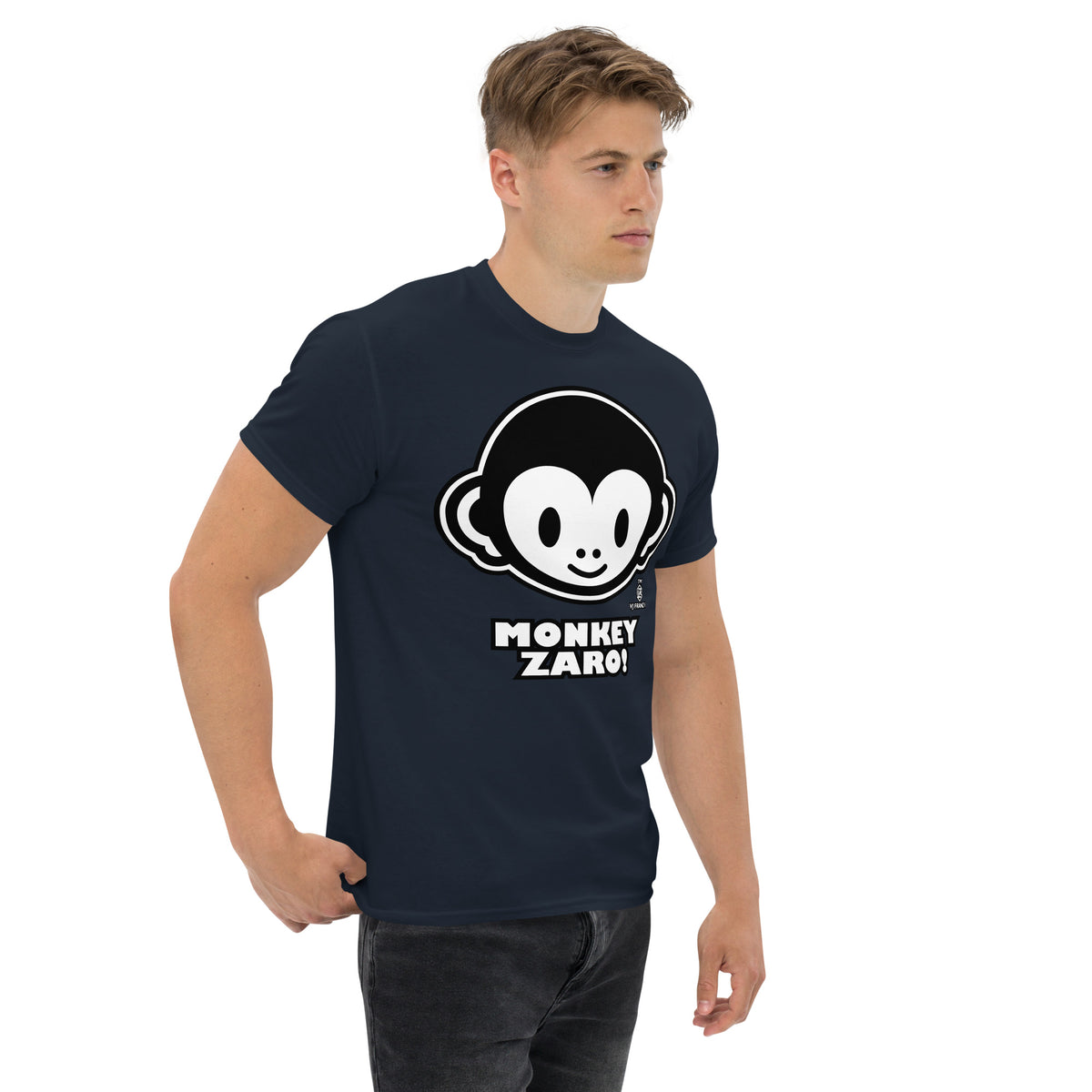 Navy classic T-shirt, right-front angled view, featuring Monkey Zaro! white cartoon monkey face and lettering.