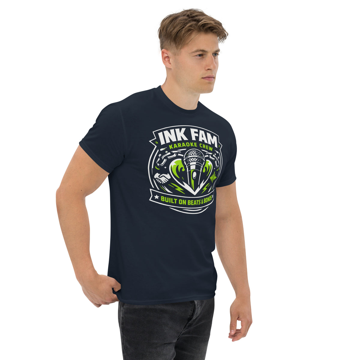 Navy classic T-shirt, right-front angled view, featuring DJ Ink Beats & Bonds shield with a microphone and green-and-white lettering.