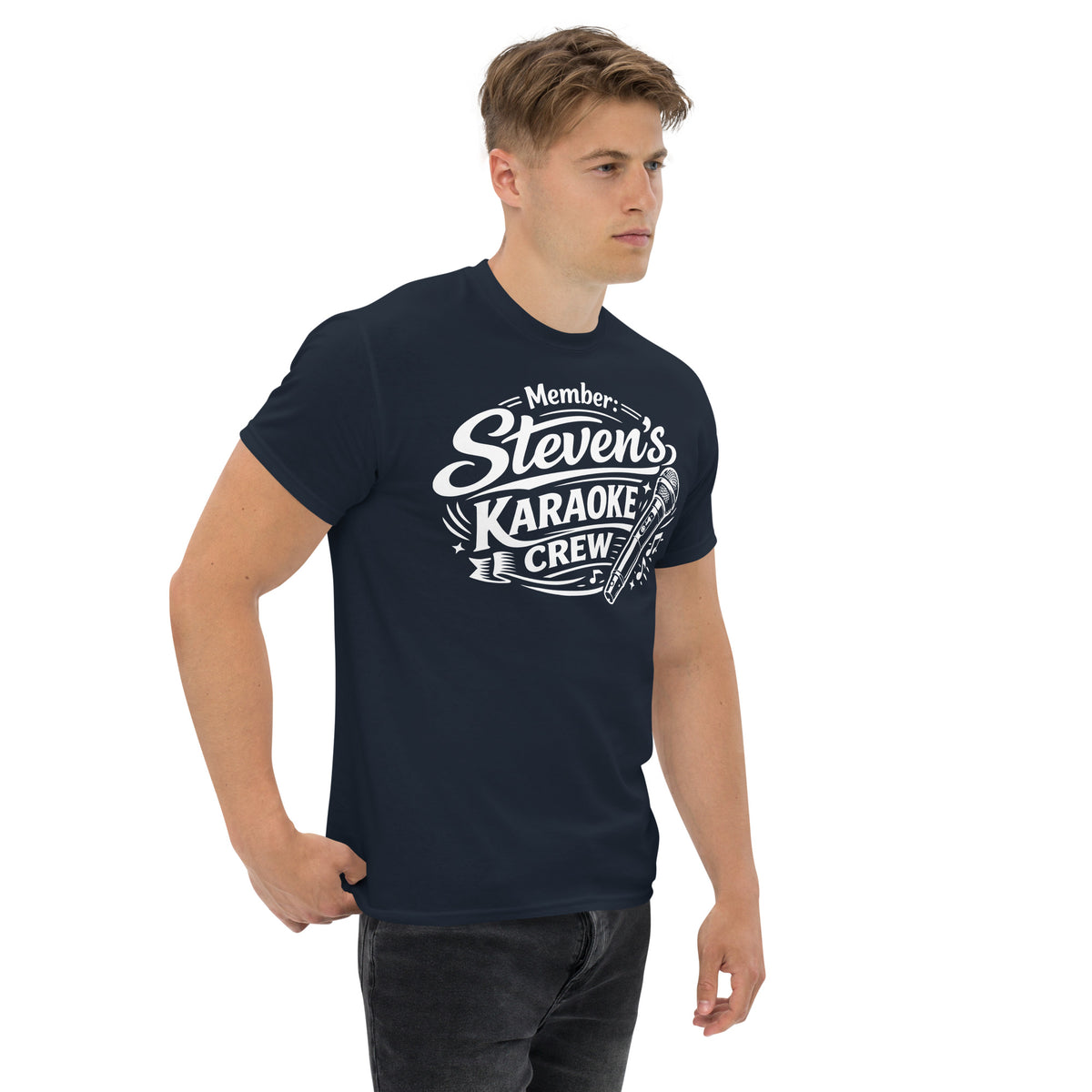 Navy classic T-shirt, right-front angled view, featuring Steven's Karaoke Crew lettering and microphone graphic.