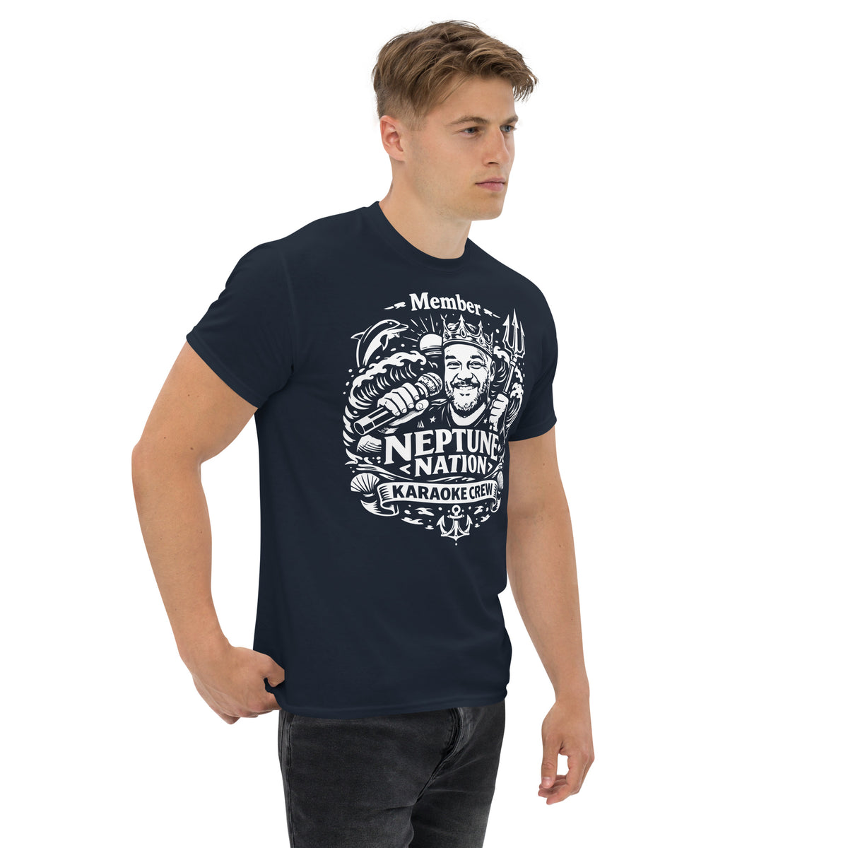 Navy classic T-shirt, right-front angled view, featuring KJ Neptune's Neptune Nation nautical microphone and trident badge.