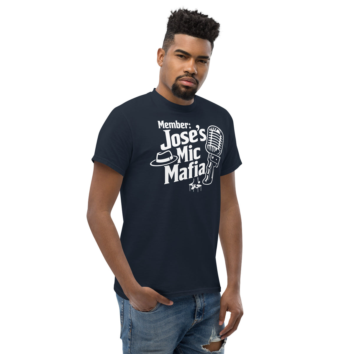 Navy classic T-shirt, right-front angled view, featuring Jose's Mic Mafia microphone and fedora design.
