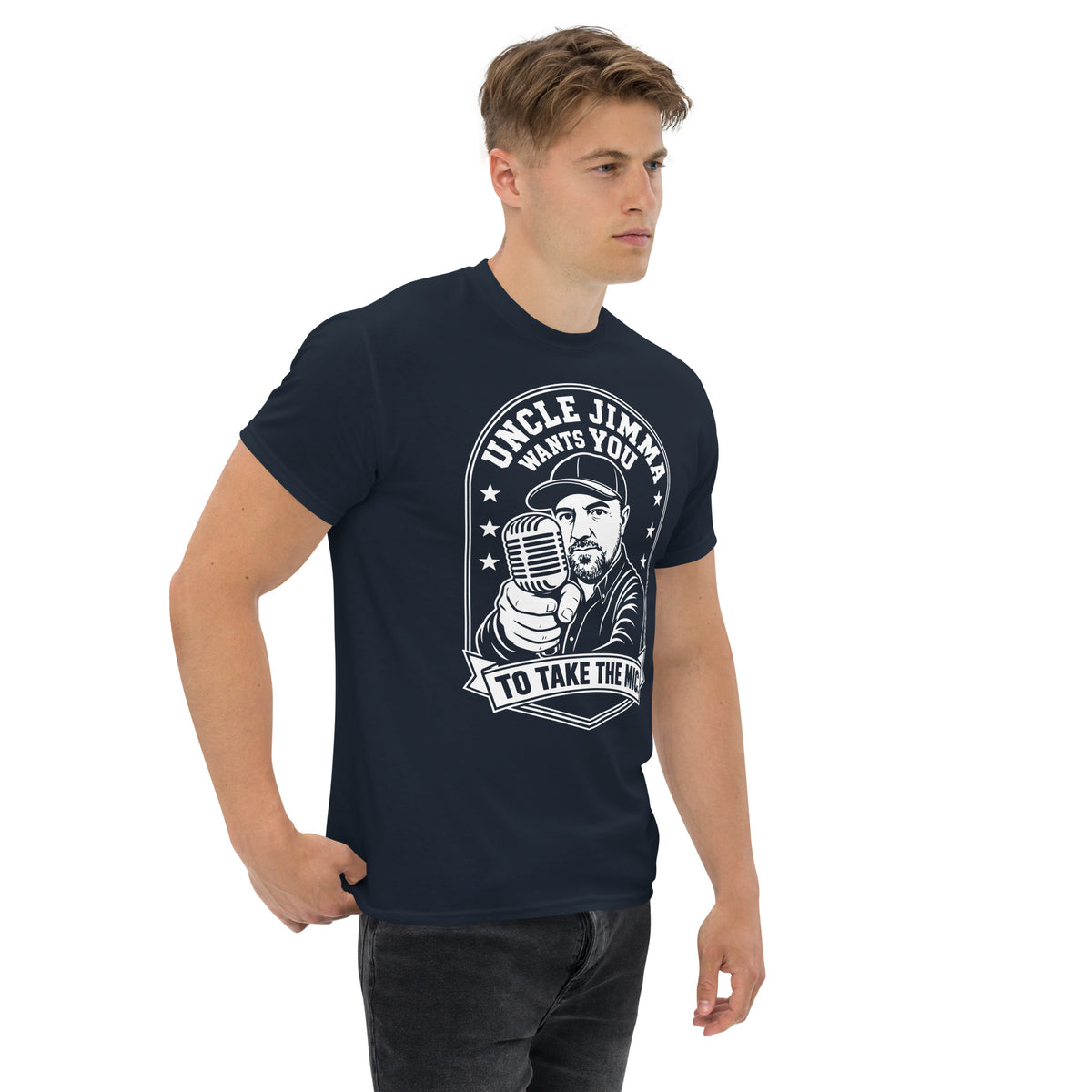 Navy classic T-shirt, right-front angled view, featuring Uncle Jimma Wants You to Take the Mic pointing portrait and microphone.