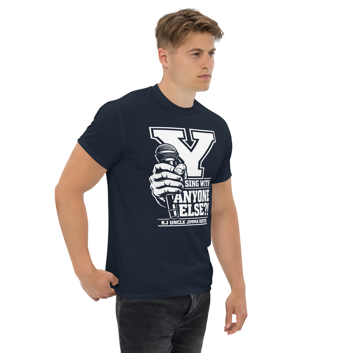 Navy classic T-shirt, right-front angled view, featuring Uncle Jimma Roster Anthem varsity Y with hand-held microphone.
