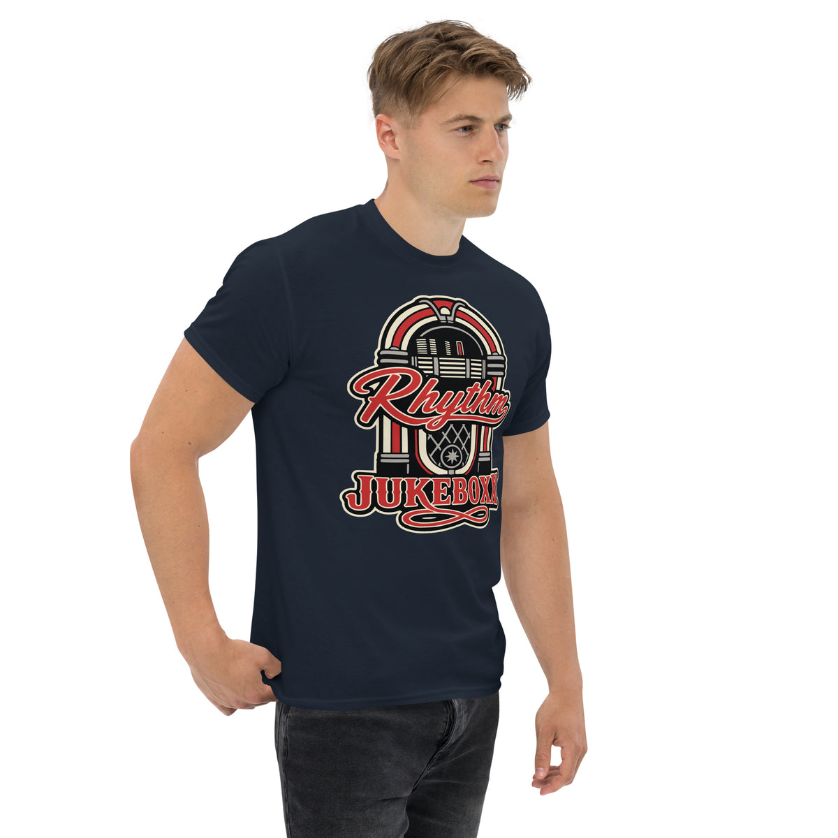 Navy classic T-shirt, right-front angled view, featuring Rhythm Jukeboxx red-and-cream retro jukebox graphic.