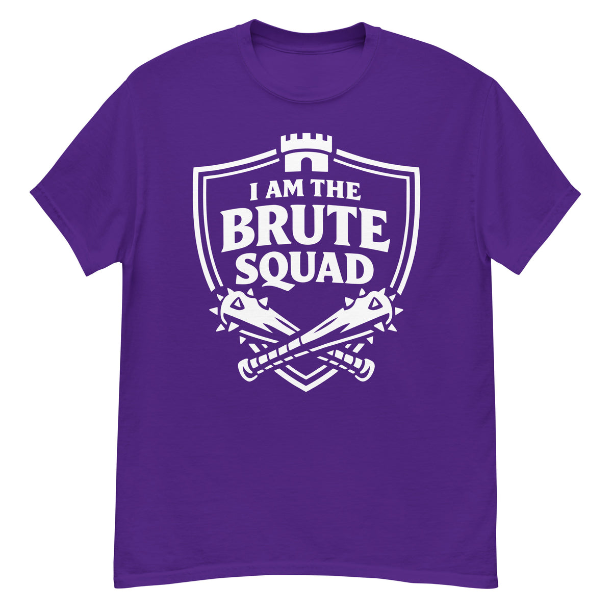 Purple classic T-shirt, front view, featuring the Brute Squad Elite Badge classic tee design