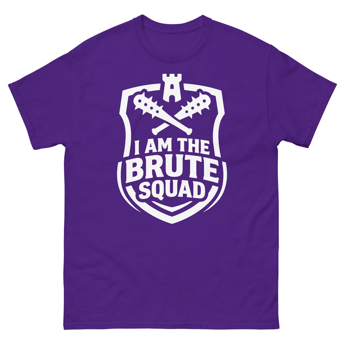 Purple classic T-shirt, front view, featuring the Brute Squad Heavy Hitter classic tee design