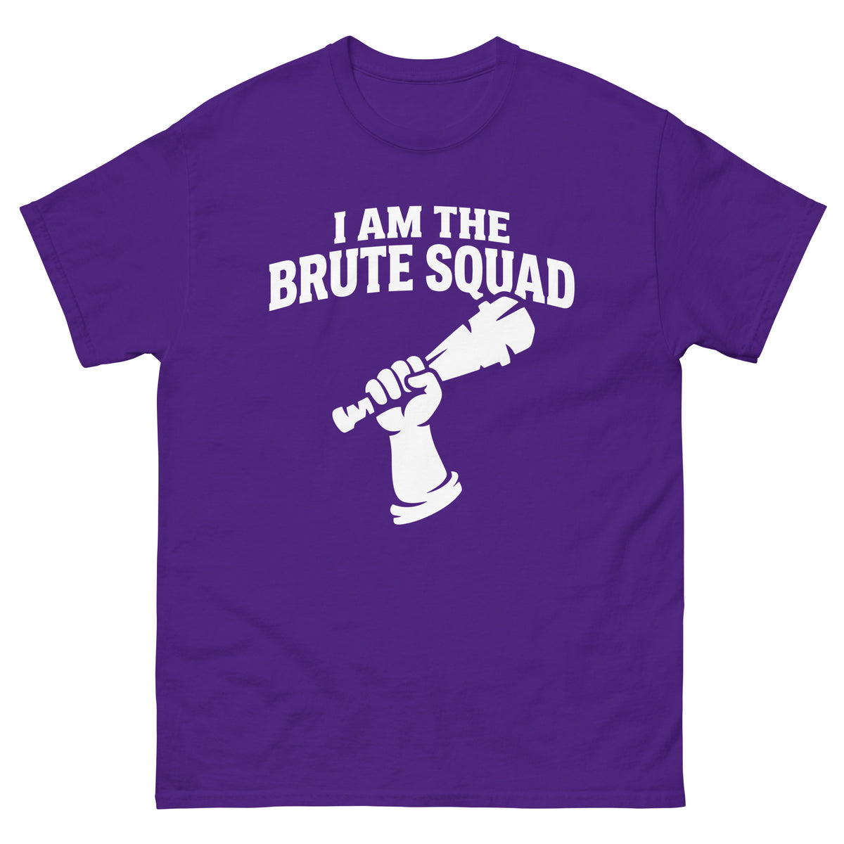 Purple classic T-shirt, front view, featuring the Brute Squad Royal Enforcer classic tee design