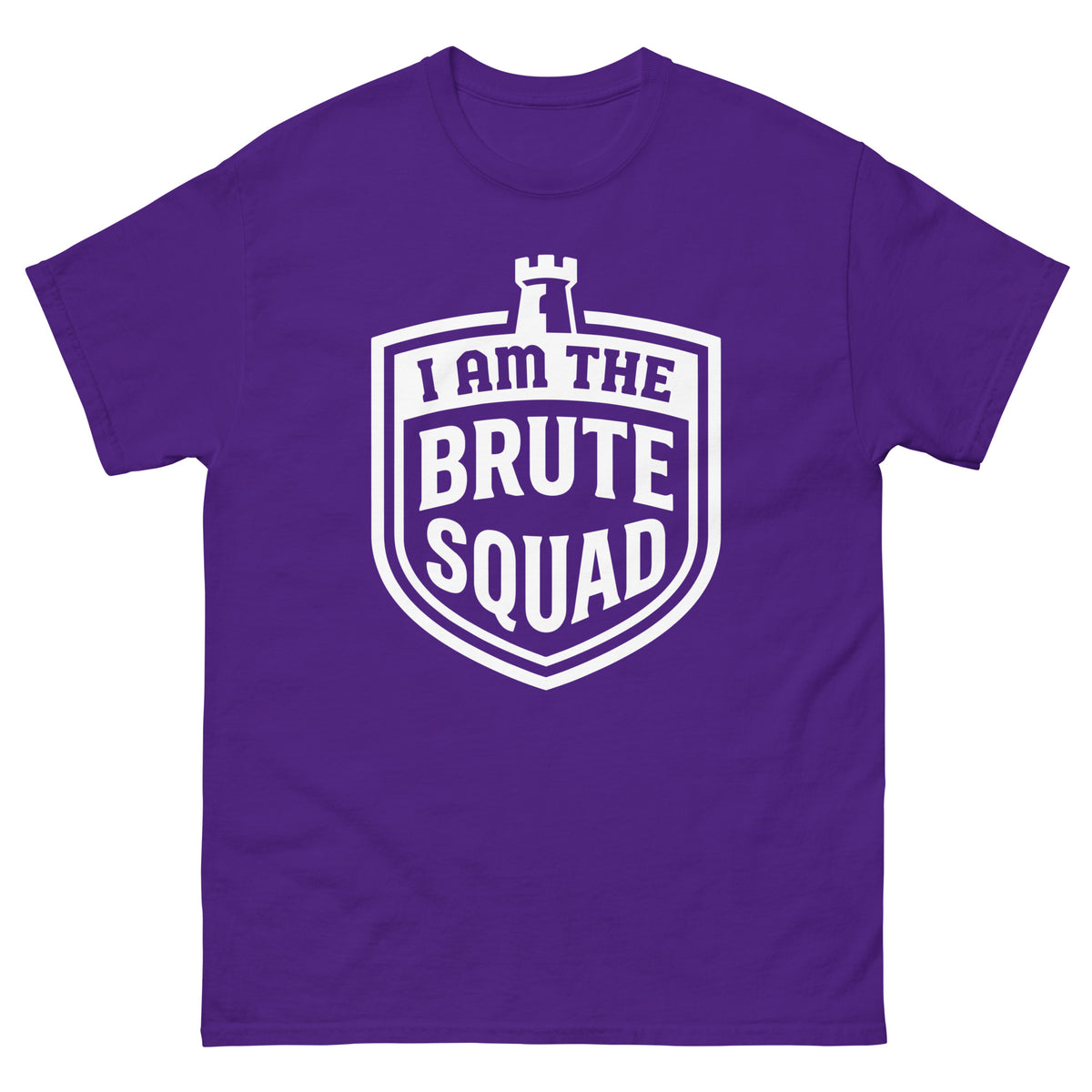 Purple classic T-shirt, front view, featuring the Brute Squad Arena Champion classic tee design