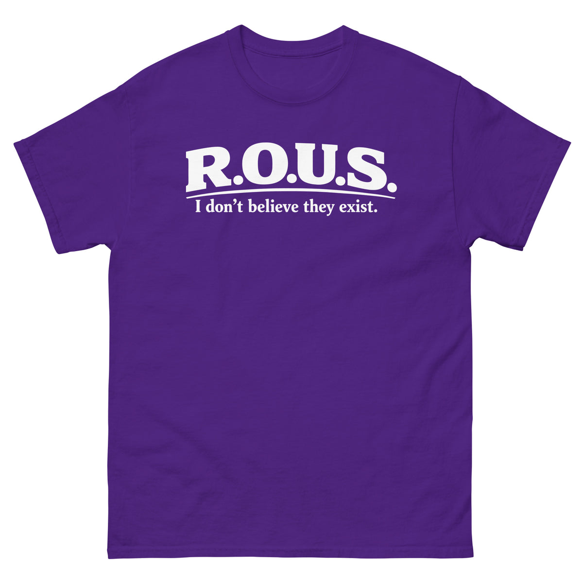 Purple classic T-shirt, front view, featuring the R.O.U.S. Disbelief Statement classic tee design