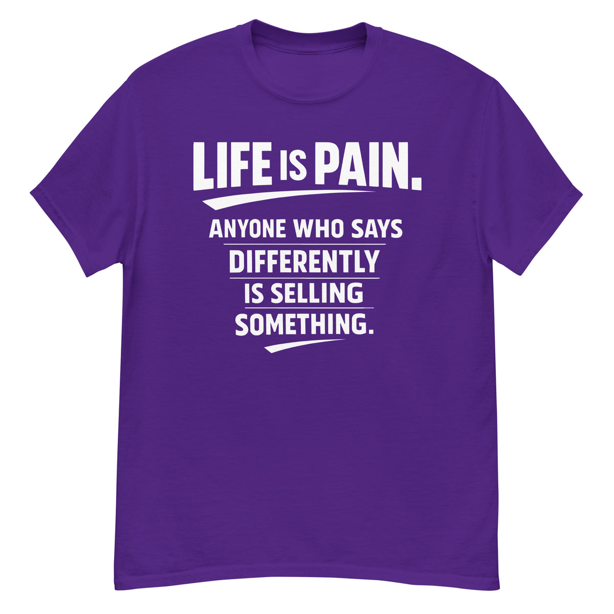 Purple classic T-shirt, front view, featuring the Life Is Pain design