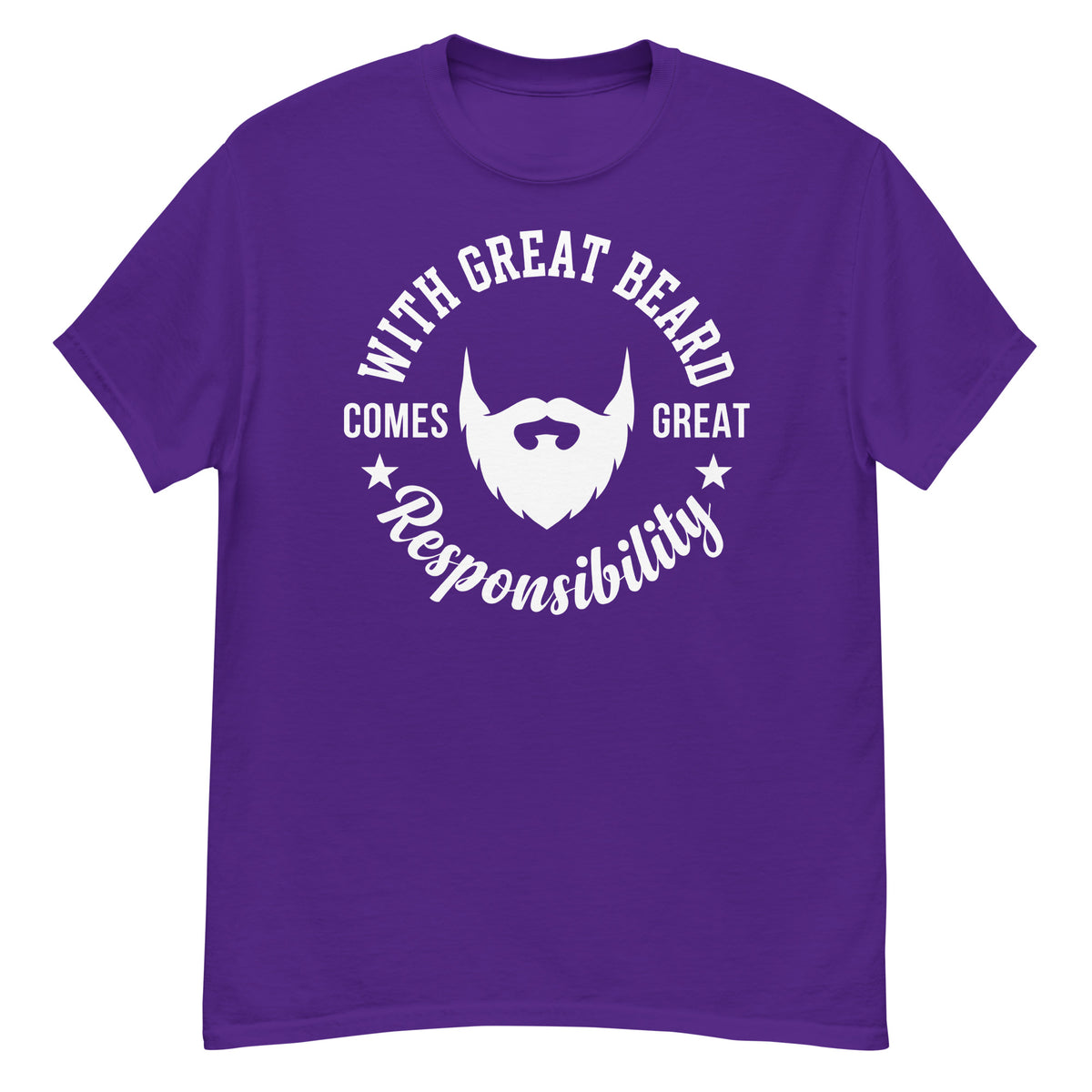 Purple classic T-shirt, front view, featuring the With Great Beard Comes Great Responsibility design