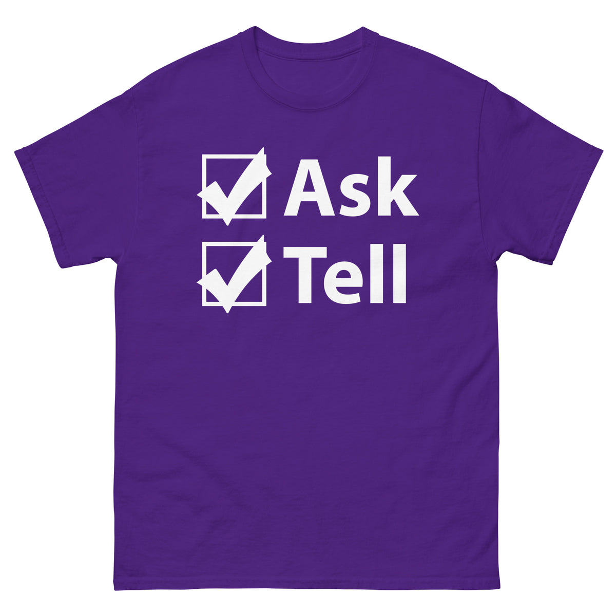 Purple classic T-shirt, front view, for the Ask / Tell Pride design with two checked boxes design.