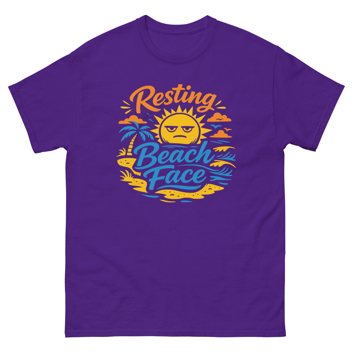 Purple classic T-shirt, front view, showing a mockup for Resting Beach Face sunny beach-humor design.
