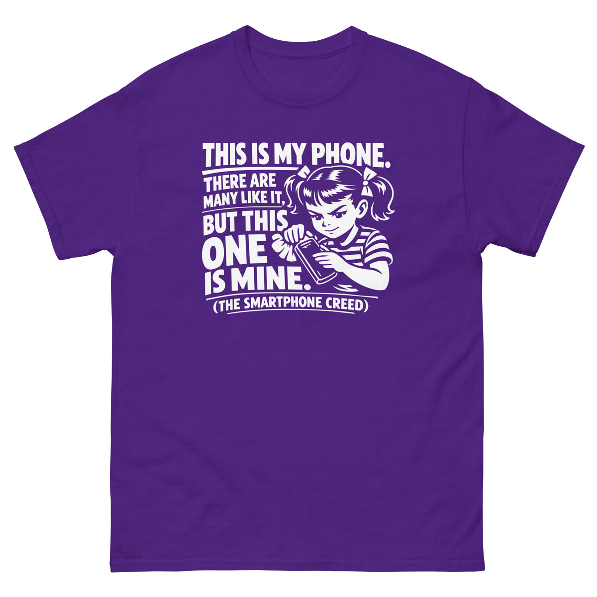 Purple classic T-shirt, front view, showing a mockup for Smartphone Creed retro woman holding a phone and statement lettering.