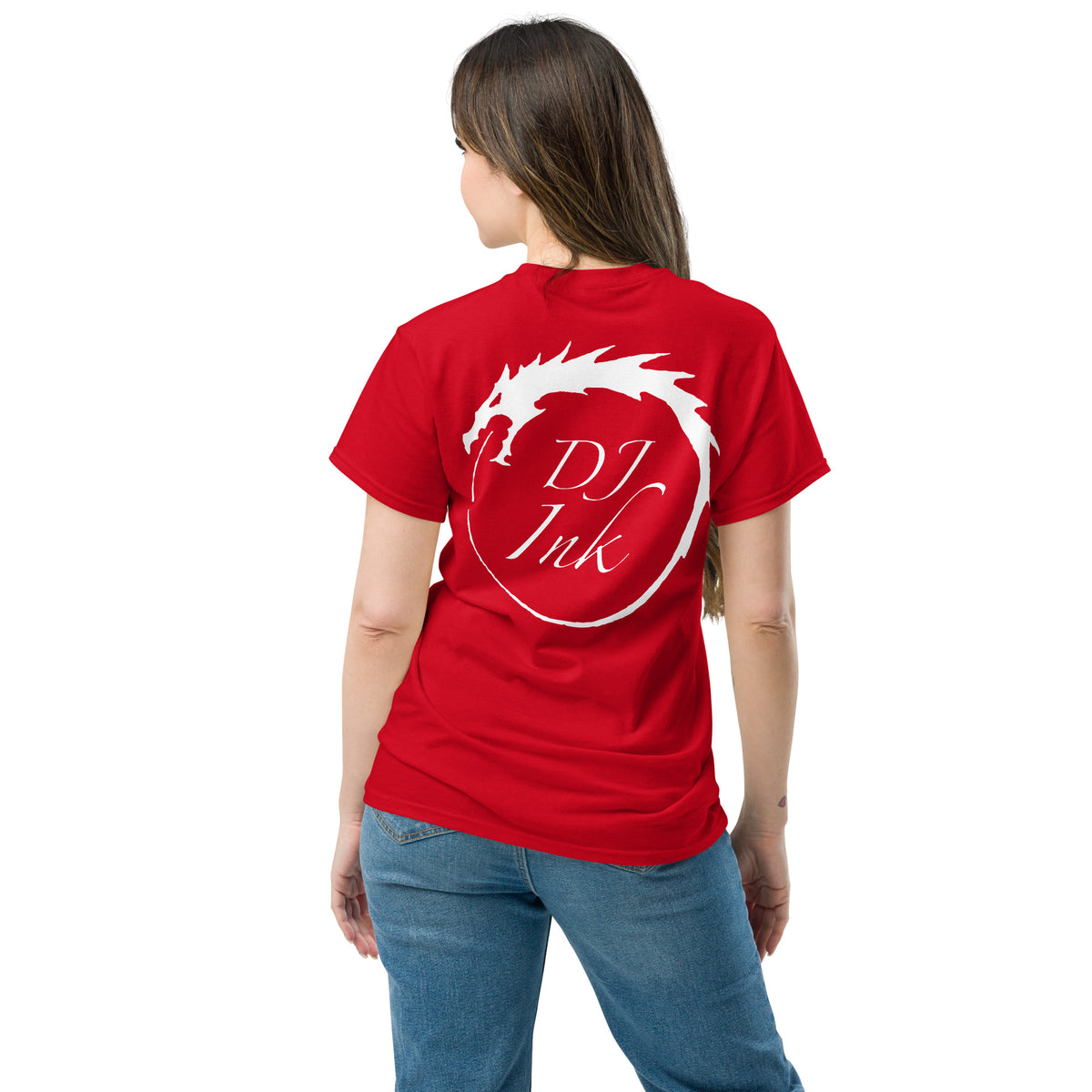 Red classic T-shirt, back view, for the DJ Ink white Ouroboros dragon-circle logo.