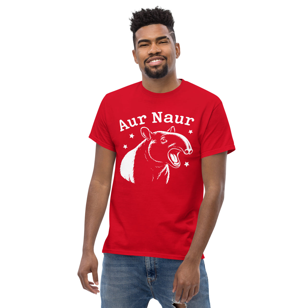 Red classic T-shirt, alternate front view, featuring Aur Naur white tapir portrait, stars and lettering.