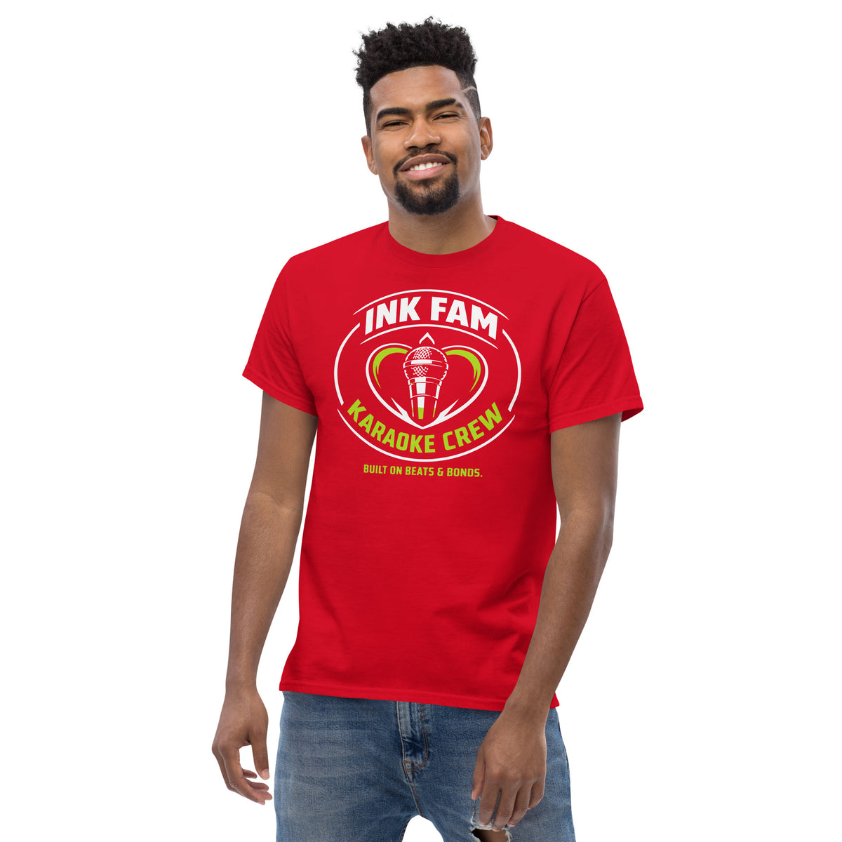 Red classic T-shirt, alternate front view, featuring DJ Ink Fam green-and-white circular microphone badge.