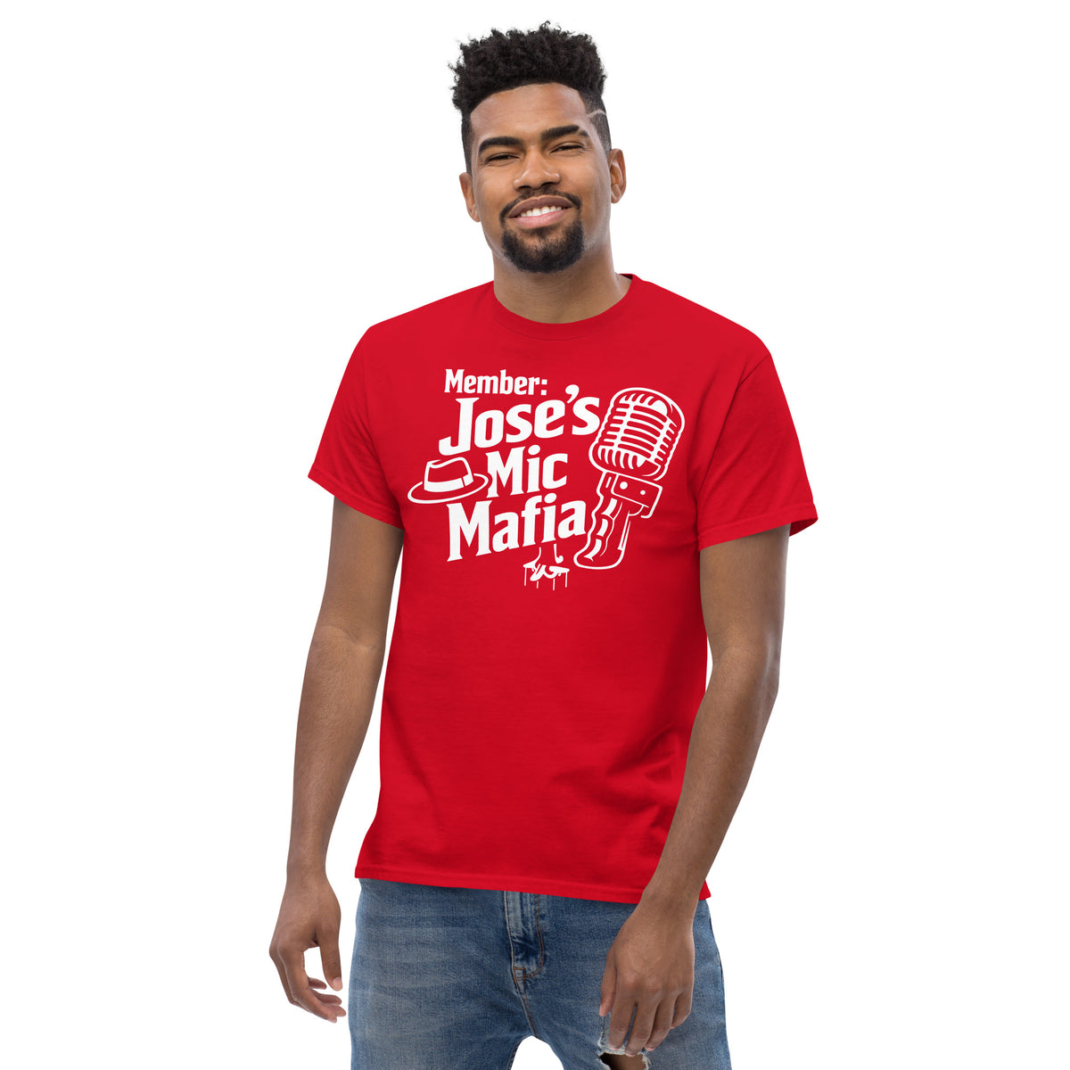 Red classic T-shirt, alternate front view, featuring Jose's Mic Mafia microphone and fedora design.