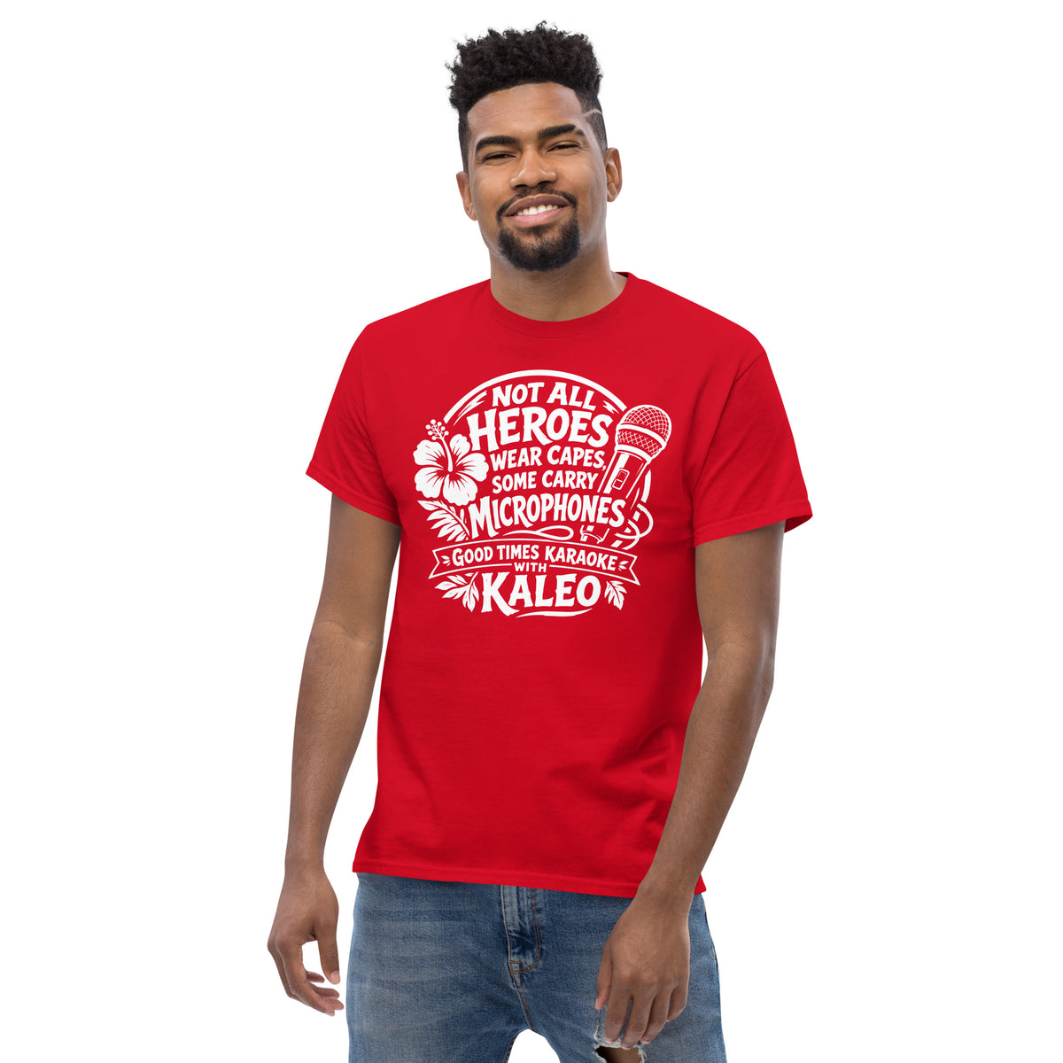 Red classic T-shirt, alternate front view, featuring Kaleo's Karaoke Heroes 'Not All Heroes Wear Capes, Some Carry Microphones' graphic.