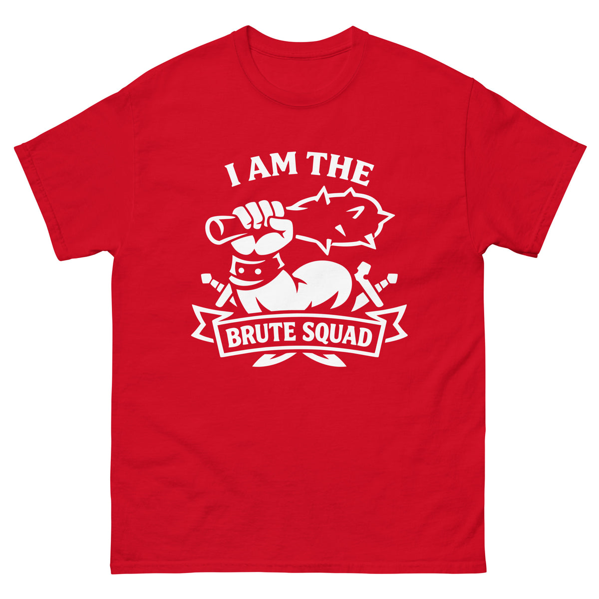 Red classic T-shirt, front view, featuring the Brute Squad Classic Emblem classic tee design