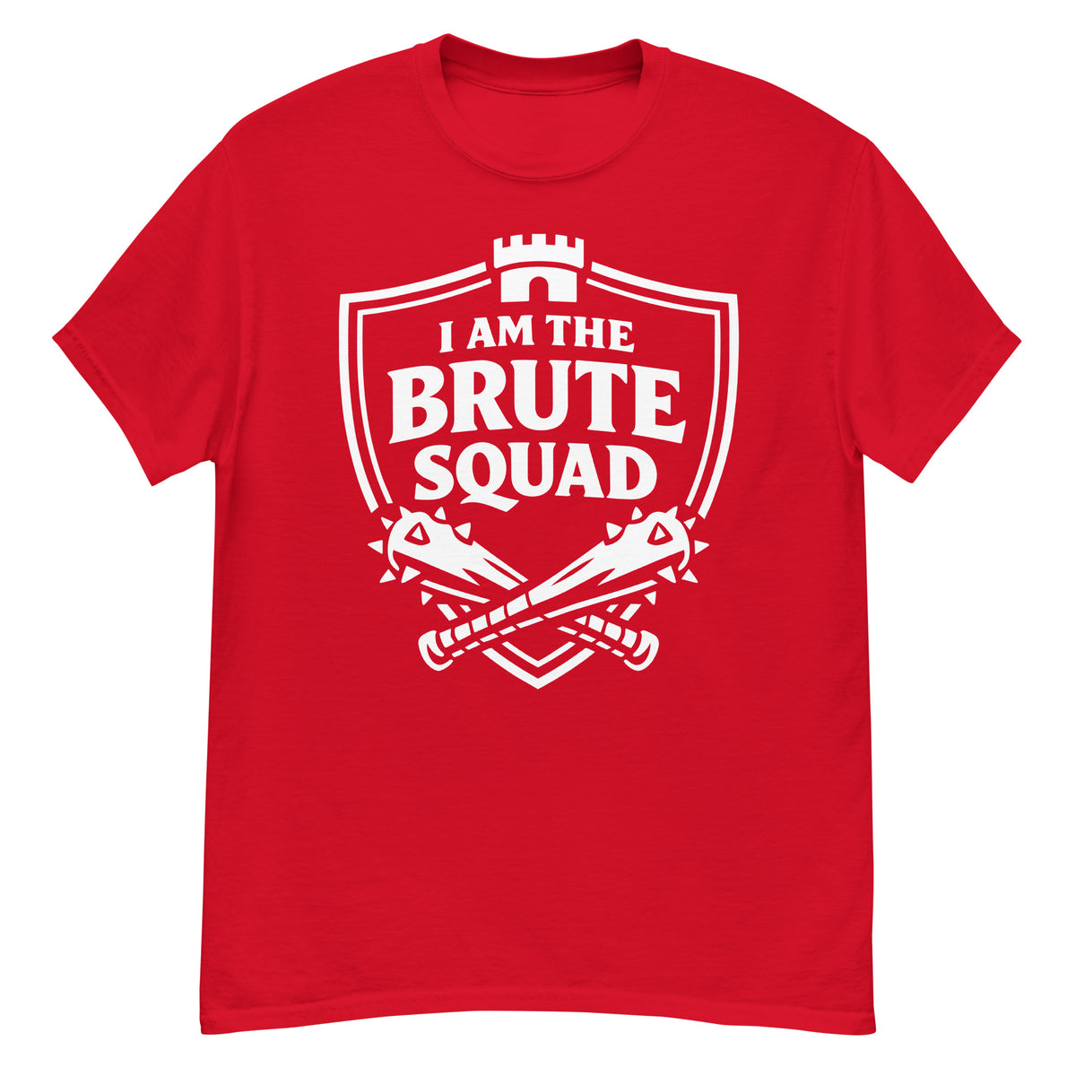 Red classic T-shirt, front view, featuring the Brute Squad Elite Badge classic tee design