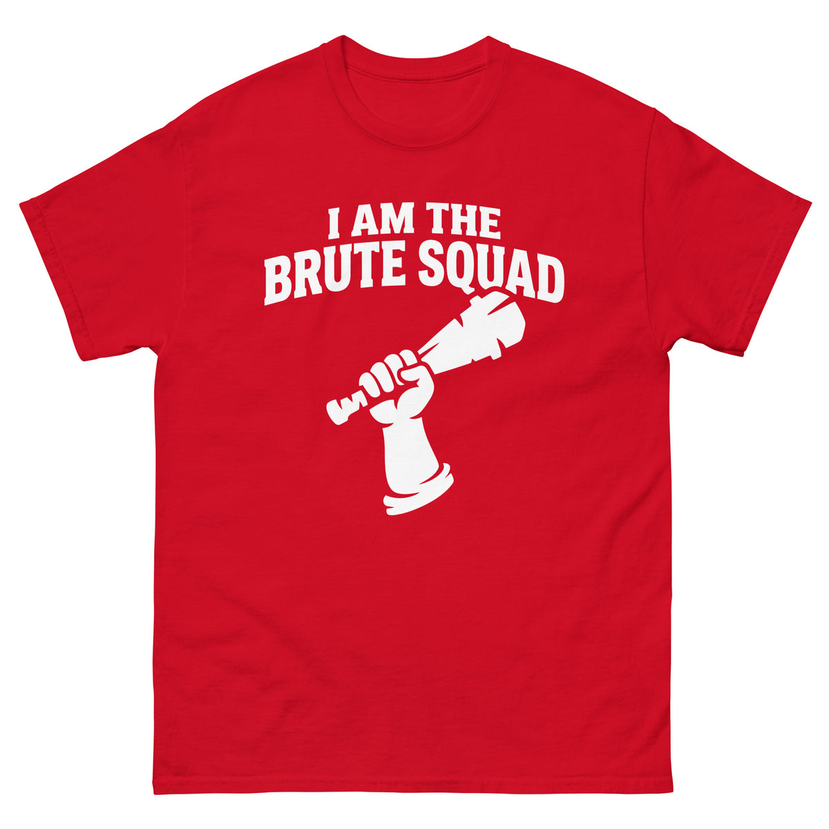 Red classic T-shirt, front view, featuring the Brute Squad Royal Enforcer classic tee design