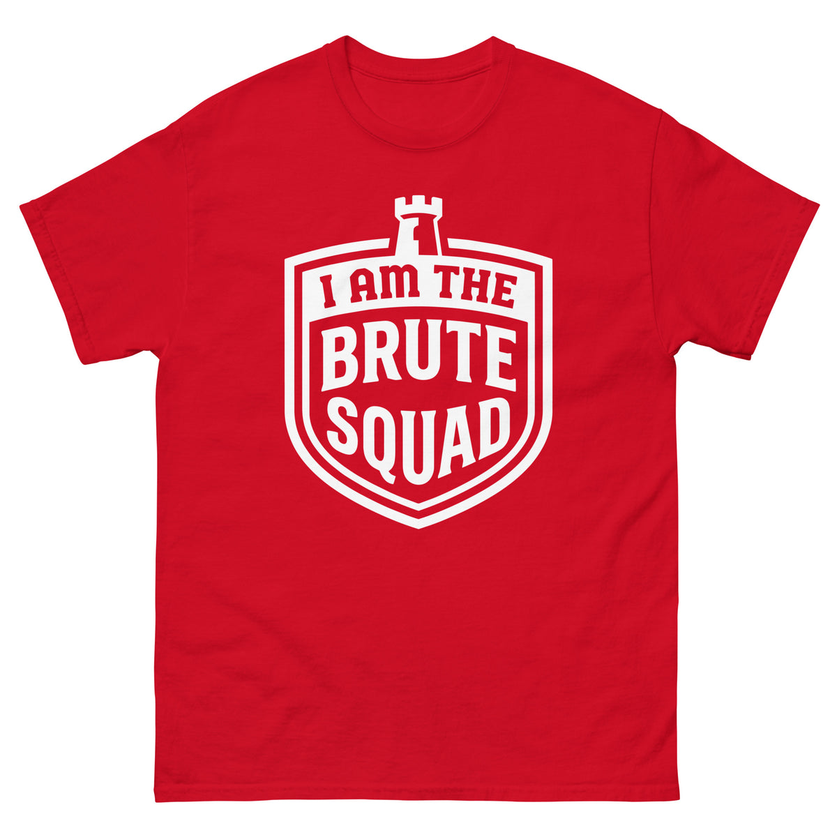 Red classic T-shirt, front view, featuring the Brute Squad Arena Champion classic tee design