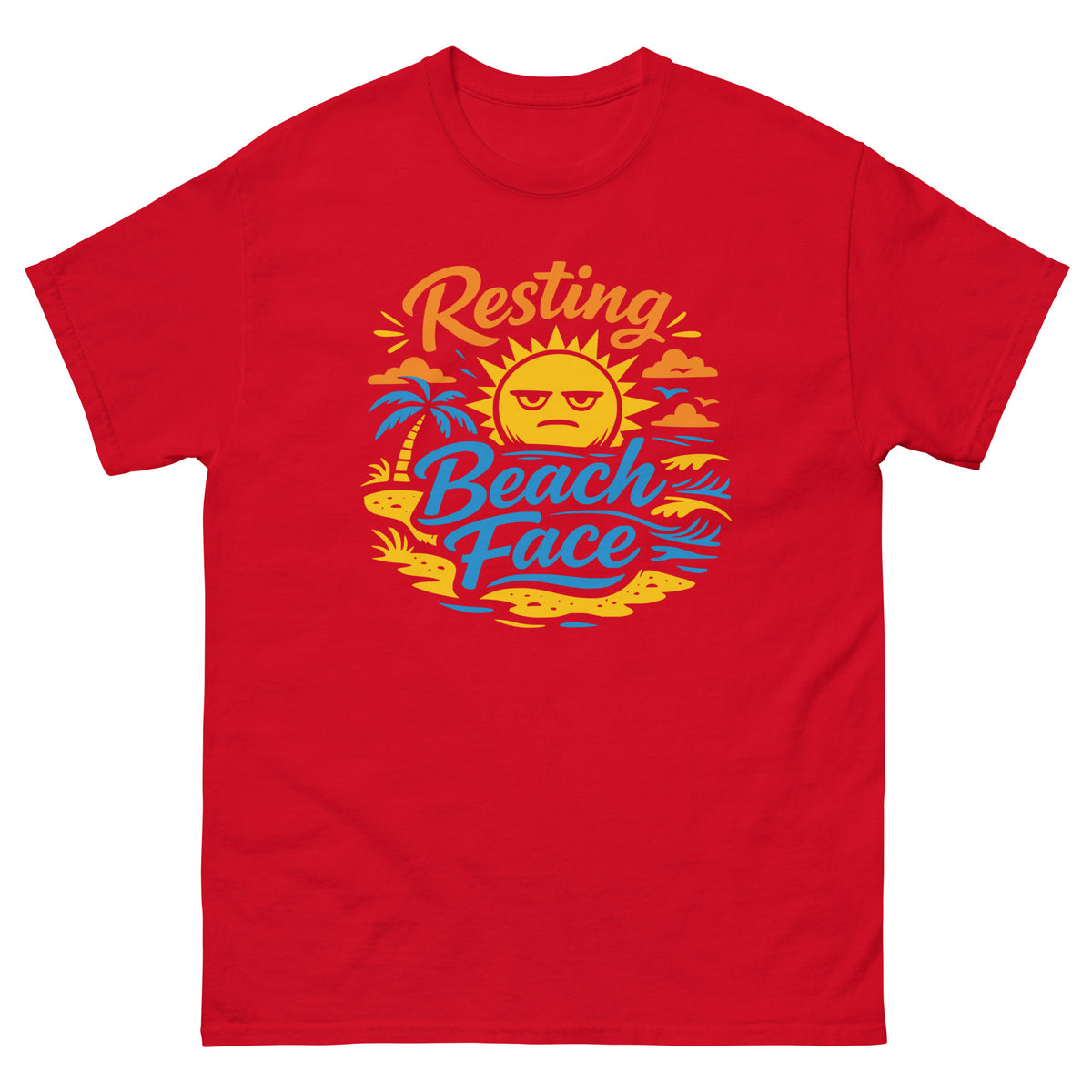 Red classic T-shirt, front view, showing a mockup for Resting Beach Face sunny beach-humor design.
