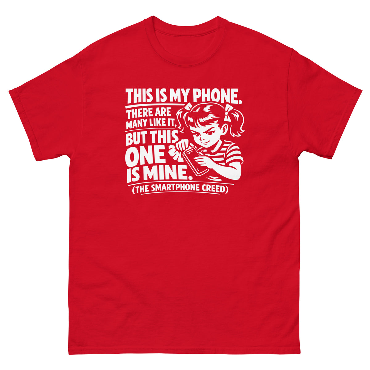 Red classic T-shirt, front view, showing a mockup for Smartphone Creed retro woman holding a phone and statement lettering.