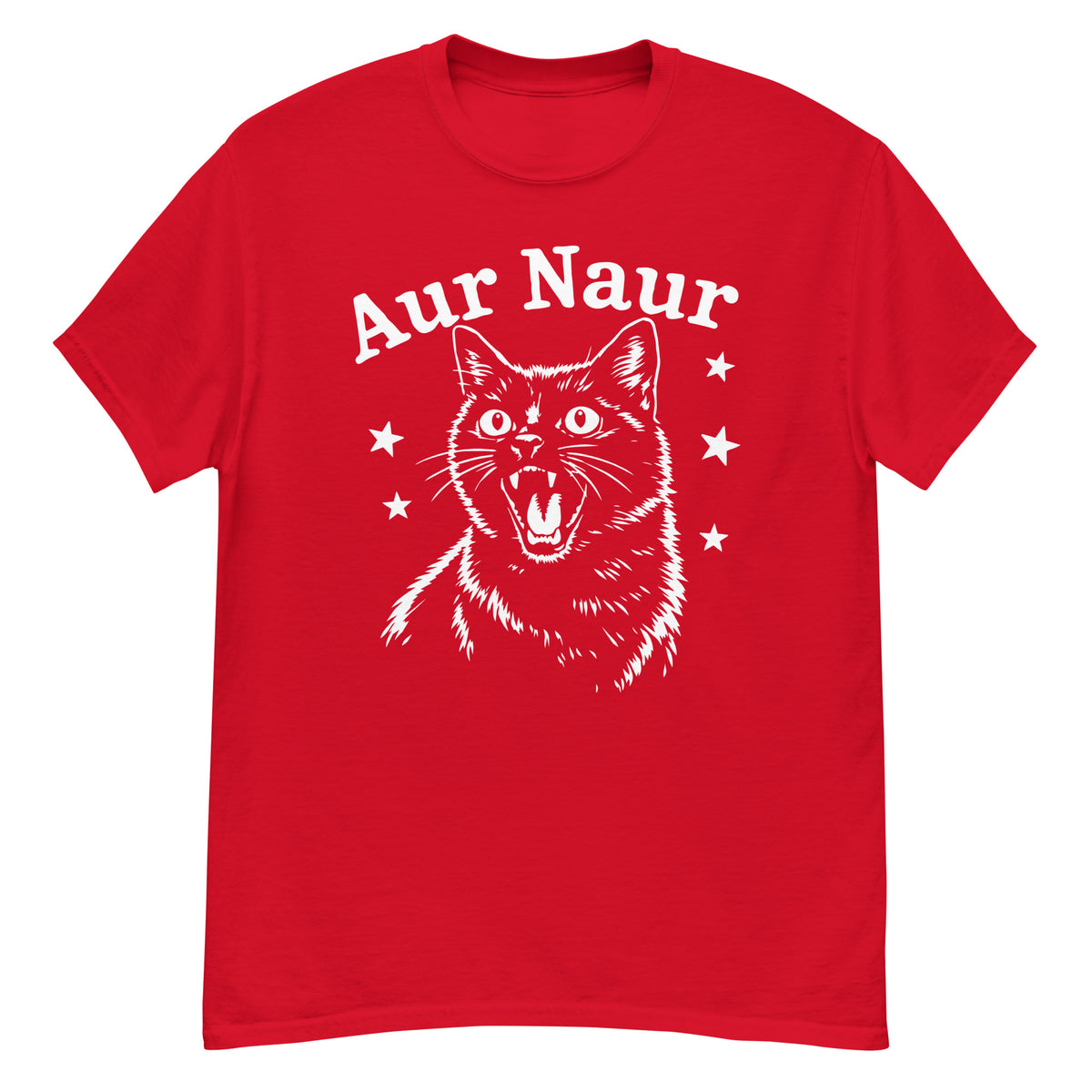 Red classic T-shirt, front view, featuring Aur Naur white cat portrait and music-themed lettering.