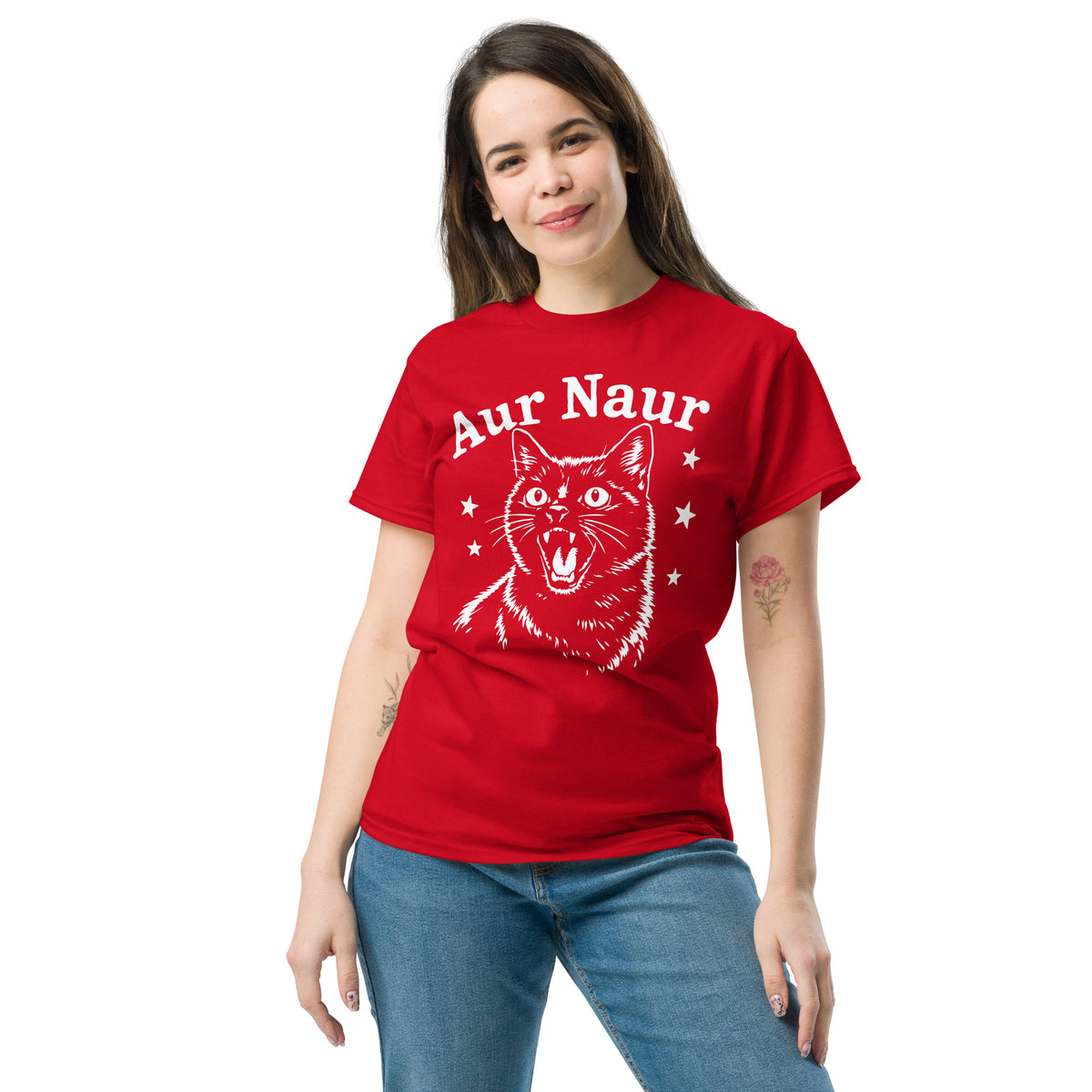 Red classic T-shirt, front view, featuring Aur Naur white cat portrait and music-themed lettering.