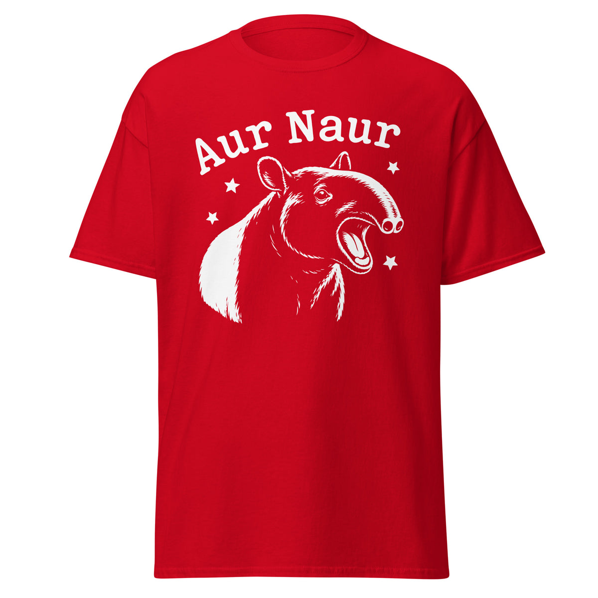 Red classic T-shirt, front view, featuring Aur Naur white tapir portrait, stars and lettering.