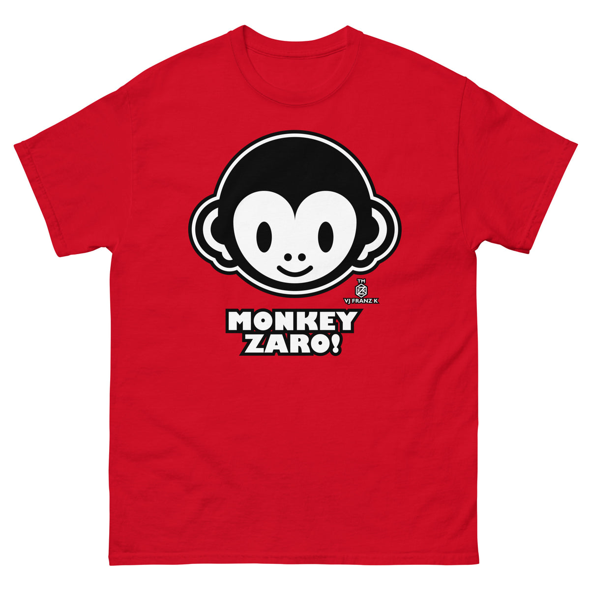 Red classic T-shirt, front view, featuring Monkey Zaro! white cartoon monkey face and lettering.