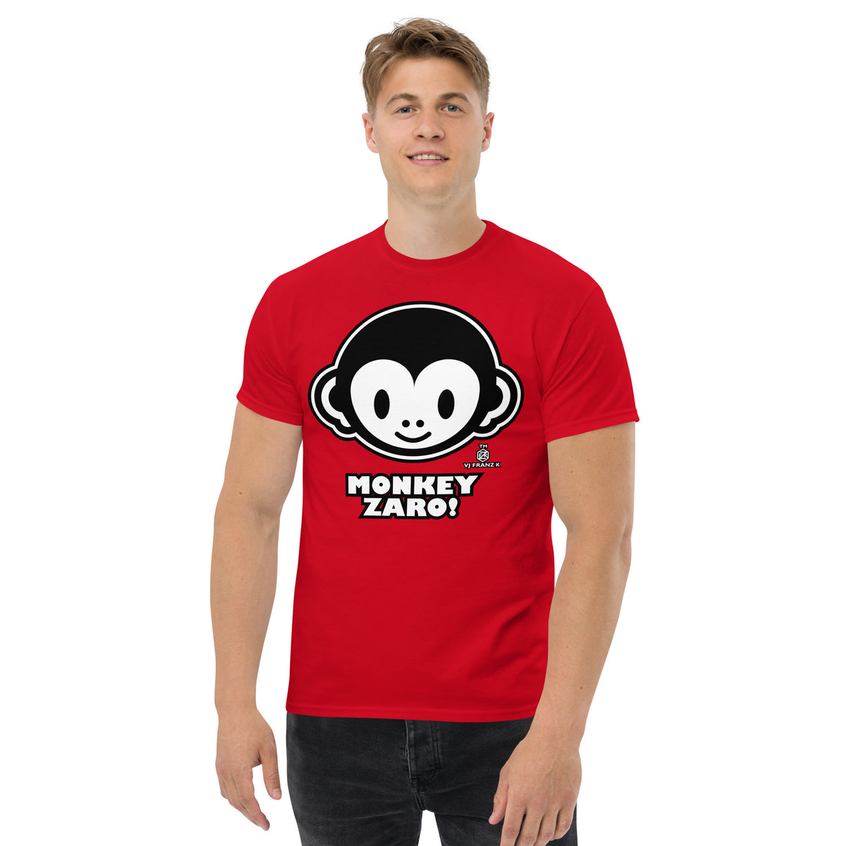 Red classic T-shirt, front view, featuring Monkey Zaro! white cartoon monkey face and lettering.