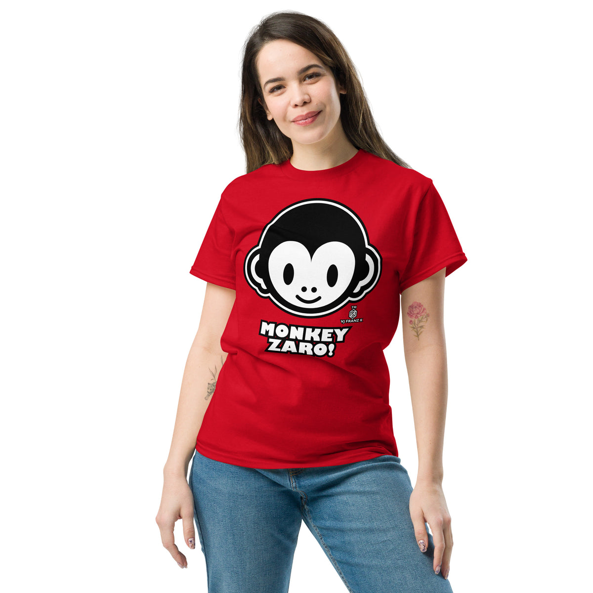 Red classic T-shirt, front view, featuring Monkey Zaro! white cartoon monkey face and lettering.