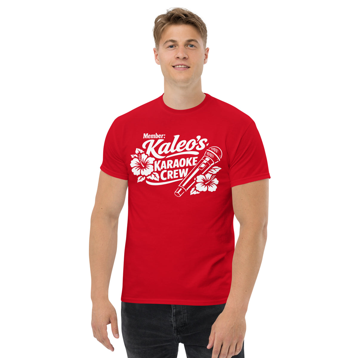 Red classic T-shirt, front view, featuring Kaleo's Karaoke Crew lettering, microphone, and hibiscus flowers.