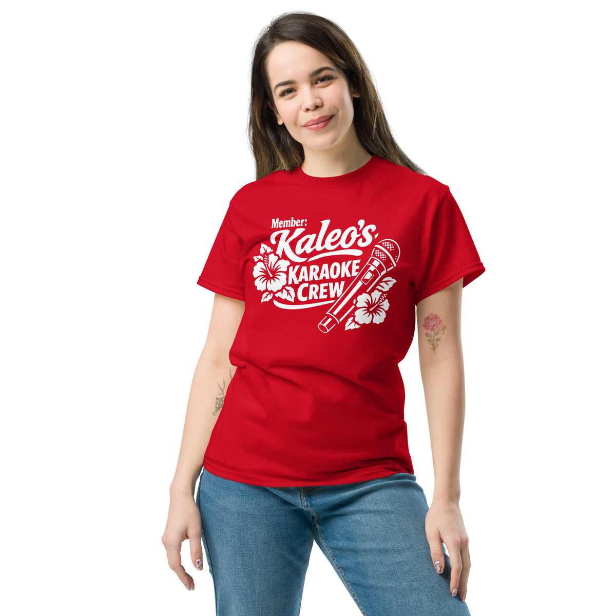 Red classic T-shirt, front view, featuring Kaleo's Karaoke Crew lettering, microphone, and hibiscus flowers.
