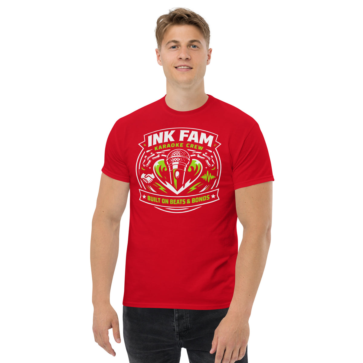 Red classic T-shirt, front view, featuring DJ Ink Beats & Bonds shield with a microphone and green-and-white lettering.