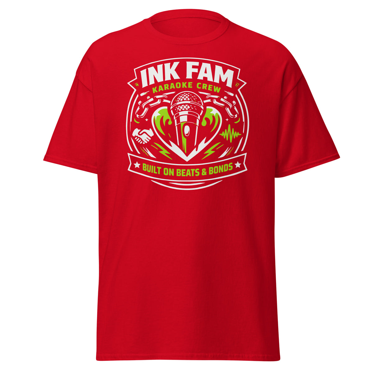 Red classic T-shirt, front view, featuring DJ Ink Beats & Bonds shield with a microphone and green-and-white lettering.